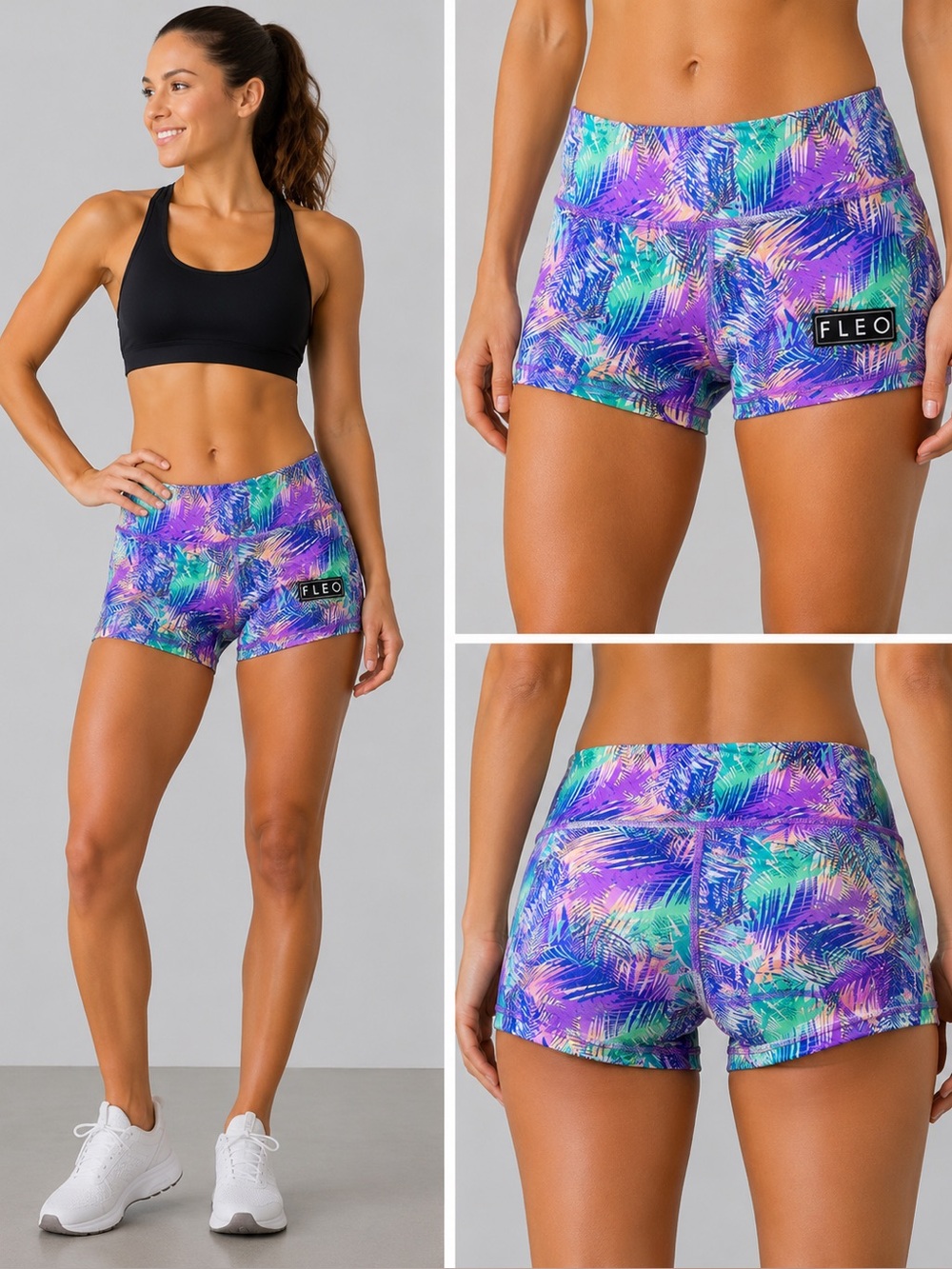 FLEO Tropical Palm Leaf Booty Shorts XS Purple Teal Athletic CrossFit
